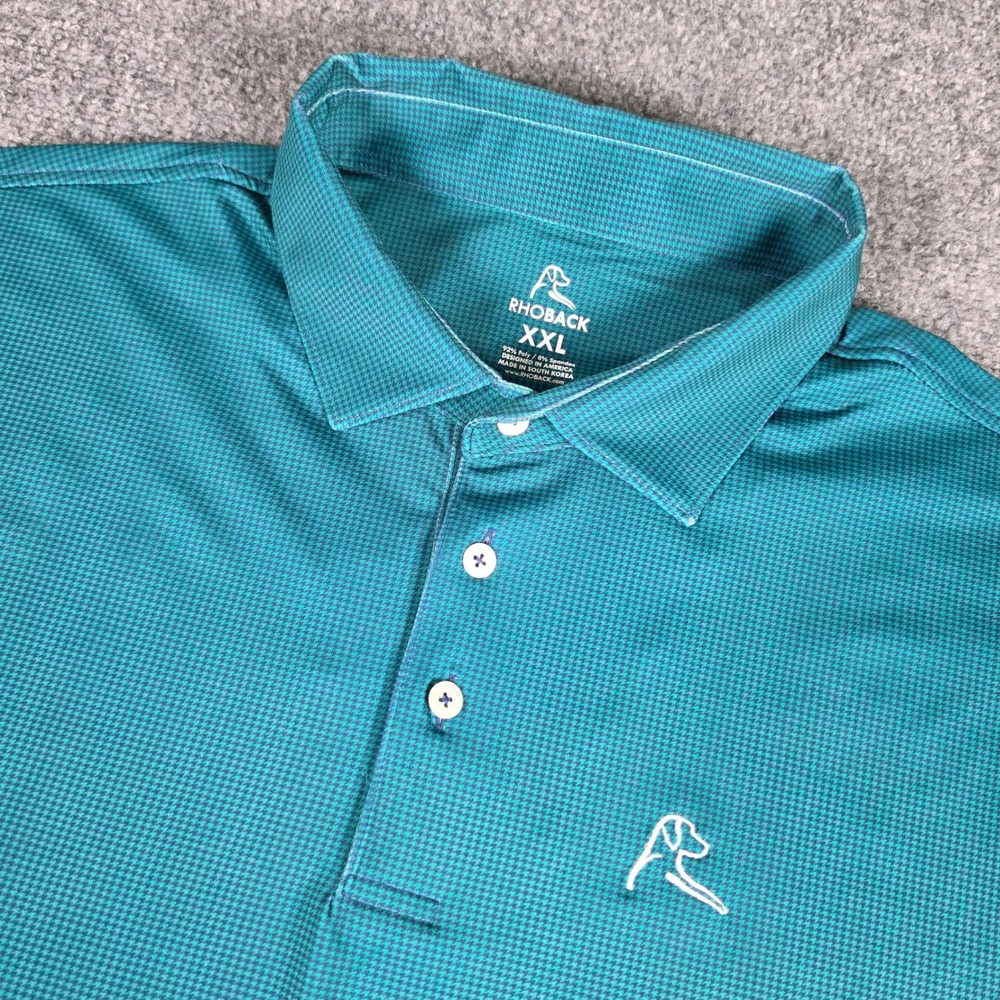 Rhoback Polo Shirt Mens XXL Teal Houndstooth Short Sleeve Performance Golf